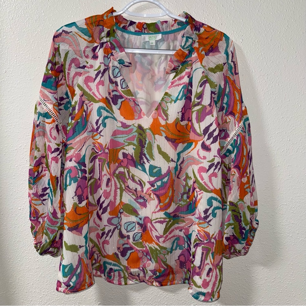 Colorful Floral Print V-Neck Blouse - Multi